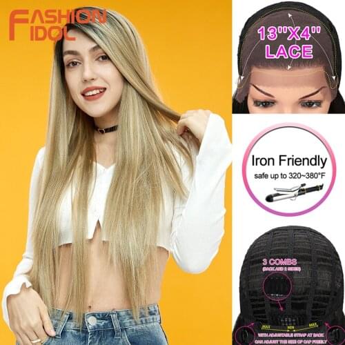 FASHION IDOL 13X4 Lace Front Wig For Black Women 32 Inch Heat Resistant Straight Wigs Blonde Natural Synthetic Wigs Cosplay Hair