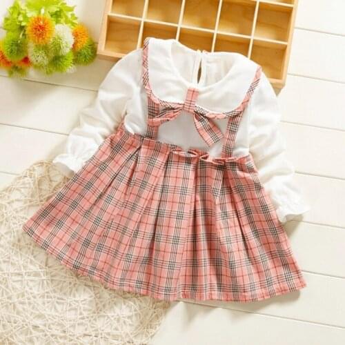 Baby Girls Dress Cute Children Girl Clothes Sweet Plaid Print Waist Long-Sleeved Fake 2 Piece Bowknot Kids Princess Dresses