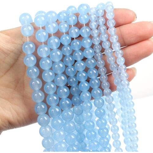 Natural Stone Dark Aquamarine Chalcedony Charm Round Loose Beads for Jewelry Making Needlework DIY Bracelet Strand 4-12 MM