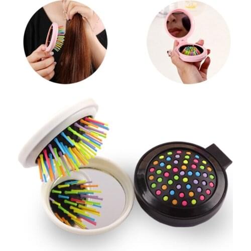 1Pcs Womens Portable Mini Folding Hair Comb Scalp Massager Round Airbag Massage Hair Brush with Mirror Barber Hair Accessories