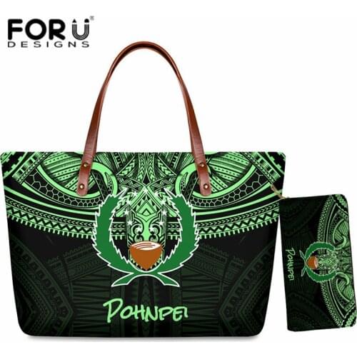 Pohnpei Printed Shoulder Bag 2pcs Set Samoan Tribe Style Female Bag Handbag and Wallet Set for Women Large Shopper Bag Purse
