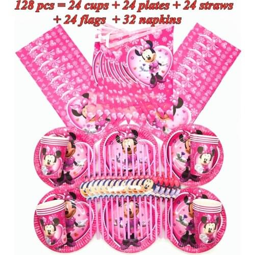 Disney Minnie Mouse Theme Party Decoration Disposable Tableware Set Paper Cups Baby Shower Plates Kids Birthday Party Supplies
