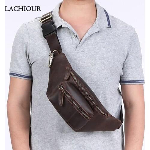 Vintage Men Genuine Leather Waist Bag Male Crazy Horse Leather Belt Fanny Pack Bags Large Hip Travel Waist Packs