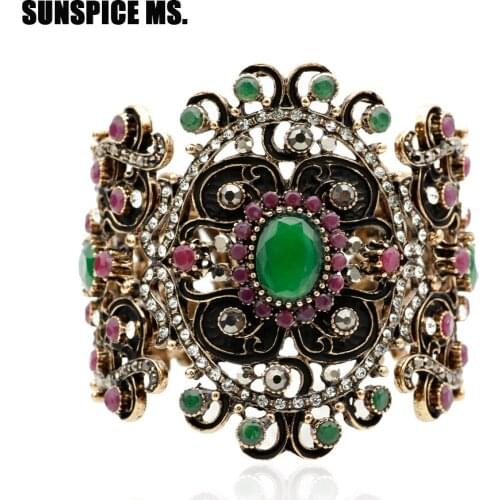 Bohemia Vintage Flower Cuff Bracelets Bangle Turkey Ehnic Design Antique Gold Color Resin Bangles Indian Banquet Jewelry 2018