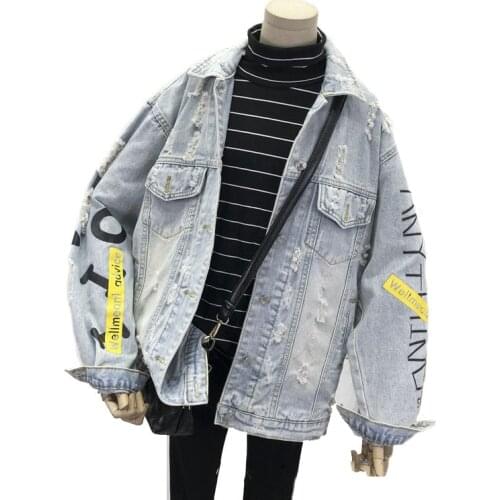 Women Vintage Graffiti Jeans Jacket Loose Harajuku Long Sleeve Holes Jeans Coat Autumn Streetwear Harajuku Denim Jackets