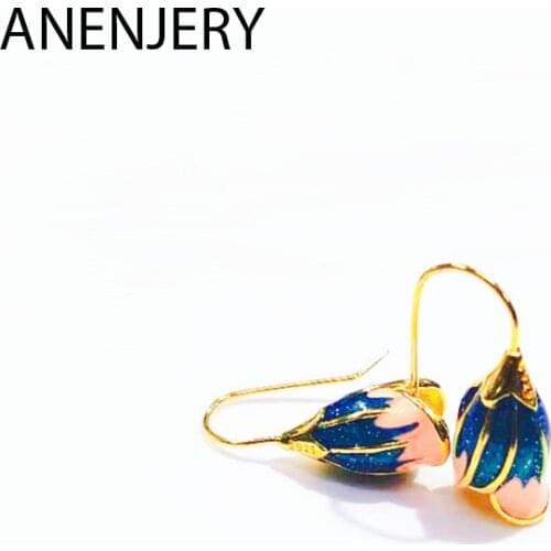 ANENJERY 925 Sterling Silver Sweet Drop Glaze Petal Flower Earhook Earring For Women oorbellen S-E1080