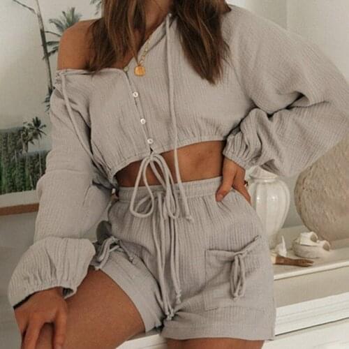 Solid V-Neck Lace Up Casual Two Piece Set Homewear Women Batwing Sleeve Crop Top Shorts Tracksuits For Women 2021 Summer Suits