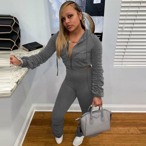 Womens Tracksuit Two Piece Pant Suit Hooded Ruched Long Sleeve Crop Sweatshirt and Stacked Sweatpant Jogger Athleisure Sets