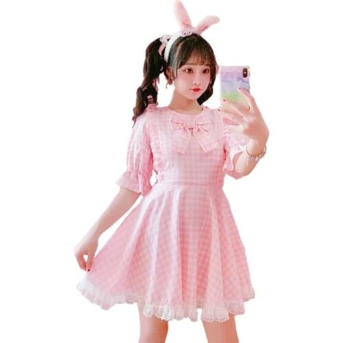 Women Dress Pink Plaid Dress Kawaii Cotton Sweet Empire Dresses Lolita Girl Cute Short Sleeve Vintage Bow Ruffles Dresses