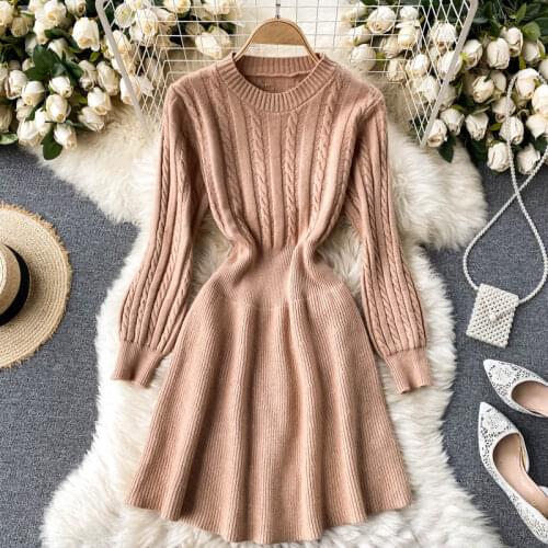 Autumn Winter Korean Style Women Long Sleeve O Neck Knitted Dress Elastic A Line Dresses Sweater Dress