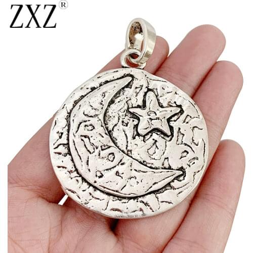 ZXZ 2pcs Tibetan Silver Large Hammered Moon and Star Charms Pendants for Necklace Jewelry Making Accessories