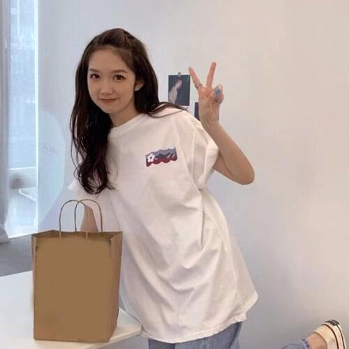 #0061 Summer Black White Short Sleeve T Shirt Women Cartoon Print Korean Fashion O Neck Loose Hip Hop Shirt Harakuku Streetwear