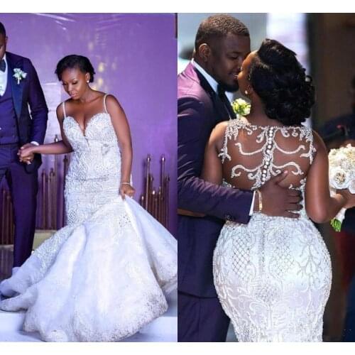 African Arabic Crystals Mermaid Wedding DressesSexy Straps Spaghetti Lace Appliques Sheer Back Plus Size Bridal Gowns 2022