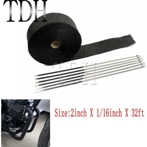 Black Motorcycle 10m Thermal Wrap 2inch*1/16inch*32ft Fiberglass Exhaust Muffler Pipe Roll Warp Exhaust Header Heat Wrap Tape