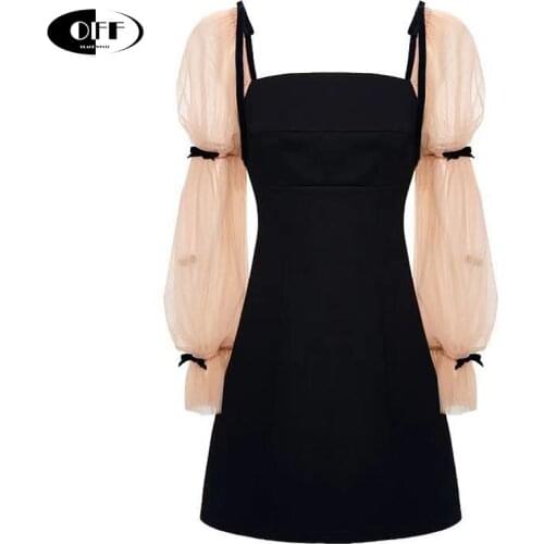 French Elegant Party Night Woman Mini Dress Patchwork Mesh Puff Sleeve Bow Sweet Girls Black Short Dresses Women Clothes Vestido