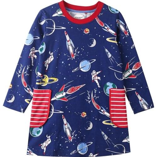 Kid Outfit Girl Navy Blue T Shirt Fall 2021 Space With Pocket Roundneck Sporty Comfortable Size 2 3 4 5 6 7 Years Old