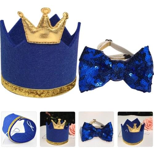 2Pcs Adorable Birthday Party Kids Pet Crown Hat Dog Cat Bow Tie Sequin Bowtie