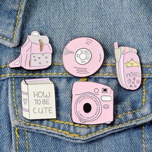Korean Cartoon Pink School Bag Phone Book Brooch for Woman Badge Shirt Enamel Pin Brooches for Men Metal Pin Jewelry Accesorios