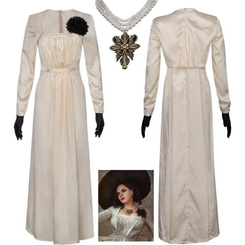 Game Alcina Dimitrescu COS Costume Full Set with Necklace Corsage Cigarette Stick Gloves Vampire Madam Biohazard Cosplay Outfits