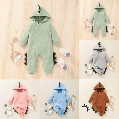 Fashion Newborn Infant Baby Boys Girls Solid Colors Long Sleeve Hooded Dinosaur Hoodie Romper Zipper Costume Clothes Jumpsuit#p4