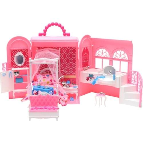 Plastic DIY Bedroom in Handbag Carry-A-Home Play Set for Doll Girls Play House Toy Kids Pretend Play Toys Girls Gifts