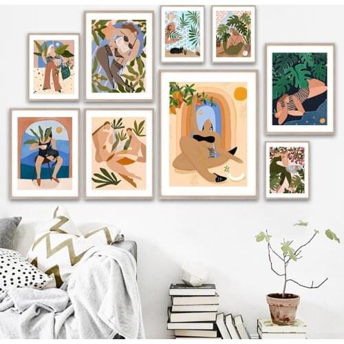 Boho Decor Abstract Woman Leaves Sun Cat Wall Art Canvas Painting Nordic Posters And Prints Wall Pictures For Living Room Decor