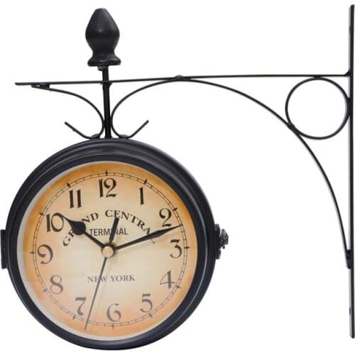 European-Style Wall Clock Retro Vintage Clock Double-Sided Station Clock Wall Clock Classic Clock Home Decor Hanging Clock Metal