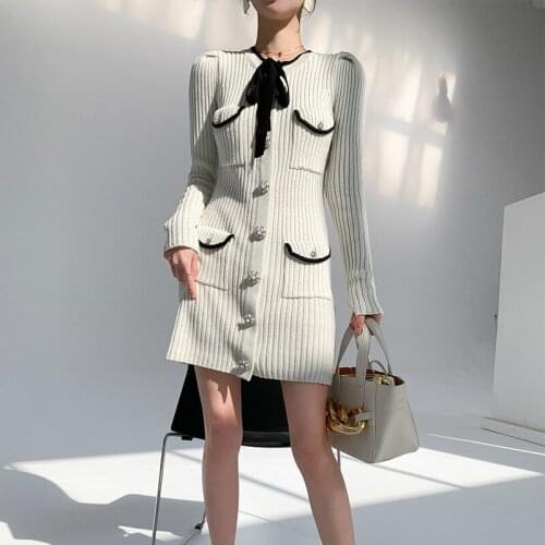 New bowknot decorated bright silk knitted dress in spring 2021