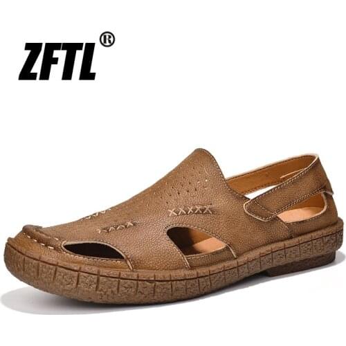 ZFTL New Men Sandals Wading shoes Beach sandals Non-slip rubber sole genuine leather Anti-collision toe sandals male slippers