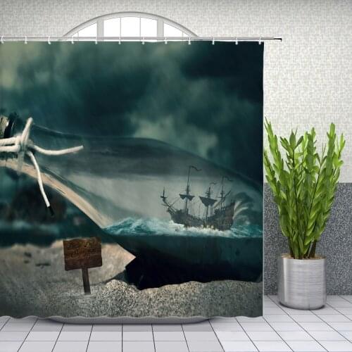 Scenery Shower Curtains Ocean Waves Drifting Bottle Beach Sailboat Bathroom Decor Home Bathtub Waterproof Polyester Curtain Set