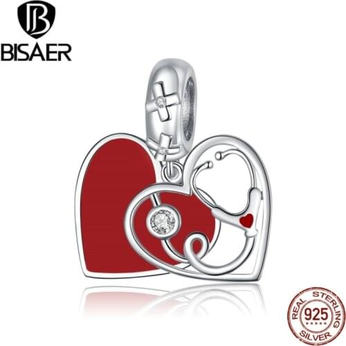 BISAER Stethoscope with Heart Charms 925 Sterling Silver Red Enamel Beads Pendant for Original Bracelets Necklaces Jewelry