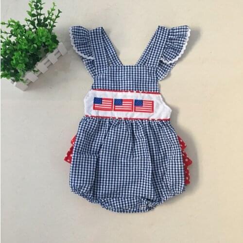 Puresun High Quality 4th of July Baby Girls Summer Gingham Cotton Seersucker Romper Infant Applique Ruffle Bubble