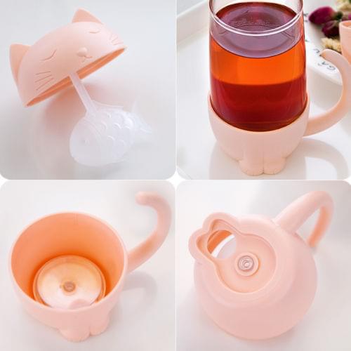 Cute Cat Glass Cup Tea Mug With Fish Infuser Strainer Filter Home Offices