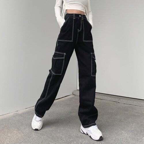 JMPRS Pockets Patchwork Women Baggy Jeans Fashion Y2K Streetwear 100% Cotton Denim Pants Loose Cargo Harajuku Black Trousers