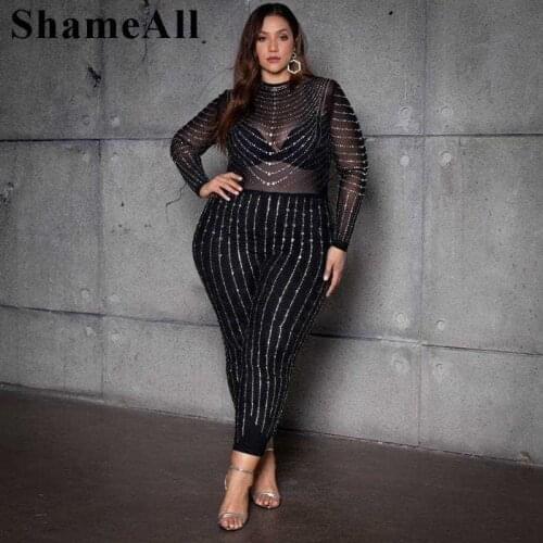 Plus Size Sheer Gauze Knitted Diamante Jumpsuits 4XL Long Sleeve Bodycon Transparent Mesh Jumpsuit Sexy Club One Piece Outfit