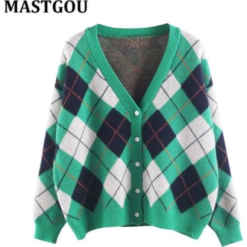 MASTGOU Argyle Knitted Cardigan Oversized Loose Casual Women Jacket Autumn Winter Thick V Neck Long Sleeve Cardigan Sweater Coat