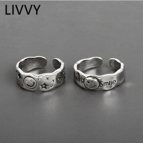 LIVVY Silver Color Retro Stars Smile Face Shape Open Ring Female INS Trend Sweet Sexy Elegant Handmade Hip-hop Ring