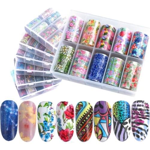 10pcs/box Holographic Nail Foil Set Transparent Flower AB Color Nail Art Decal Sticker Manicure DIY Transfer Decorations Tool