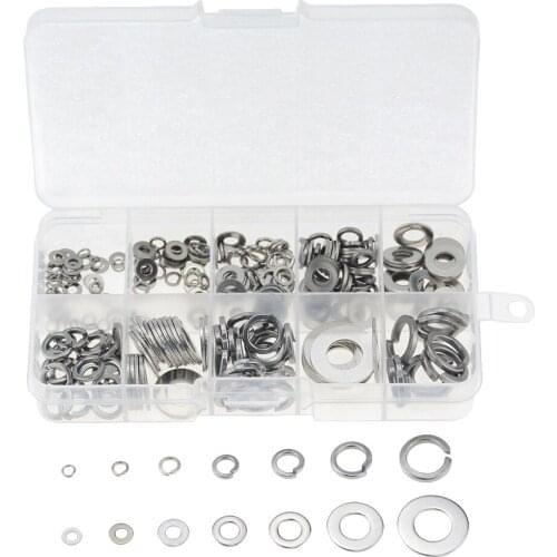 260PCS/Box M2.5-M10 M3 M4 M5 M6 M8 M10 Steel Flat Washer and Lock Washer Assortment Kit Plain Washer Combination Spring Washer