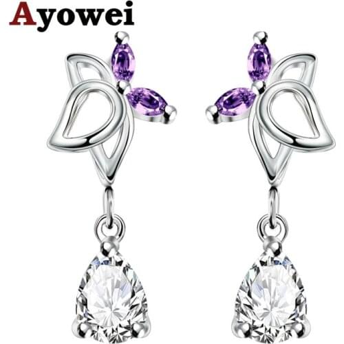 Ayowei Special leaf plants Cubic Zirconia purple Crystal Silver dangle Earrings Jewelry JES1137A