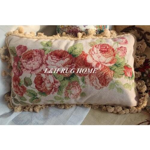 FREE SHIPPING 15K 12"x20" Needlepoint pillow, handknotted cushion with floral designs no insertion
