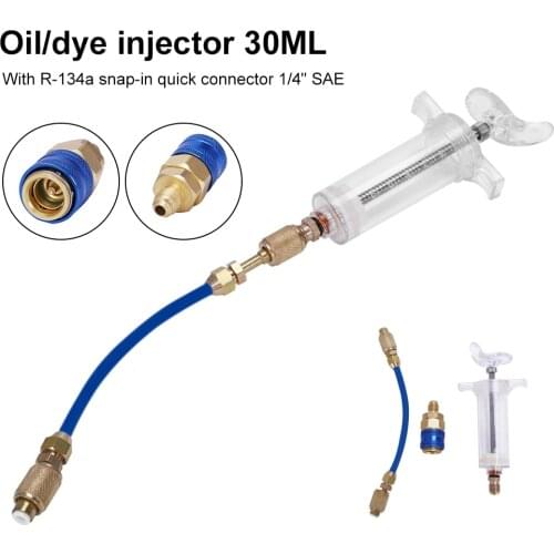 A/C Oil And Dye Injector With R-134a Snap Quick Coupler 1/4" SAE 1OZ Hand Turn Screw-in Coolant Filling Tube Injection Tools