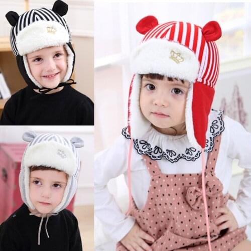 Children Crown Stripe Cap Bomber Hats Baby Girls and Boys Warm Velvet and Ear Protection Hat for Winter/ Autumn