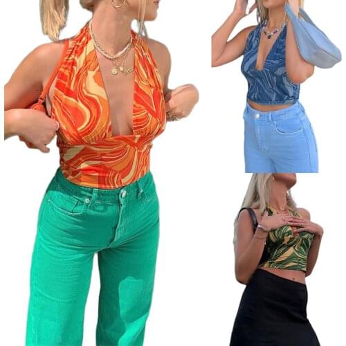 Womens Short Tops Water Wave Print Vest Sleeveless Deep V-neck Backless Cropped Tops for Summer