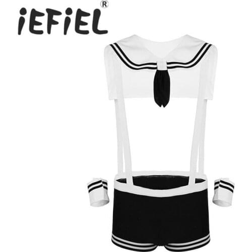 IEFiEL Newest Sexy Gay Mens Male Lingerie Sailor Cosplay Costume Underwear Set Elastic Suspenders Boxer with Collar and Cuffs