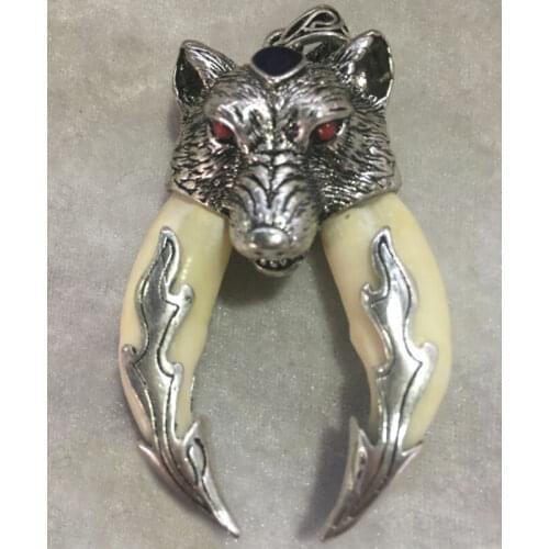 Chinese antique double boar tooth silver Wolf protective talisman pendant
