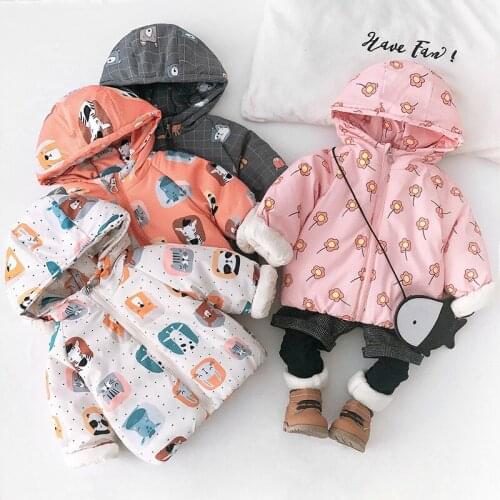 1-7Yrs New Girls Boys Winter Fashion Cartoon Sport Jacket&Outwear Children Cotton Padded Hooded Jchao Kids Thicken Warm Coat