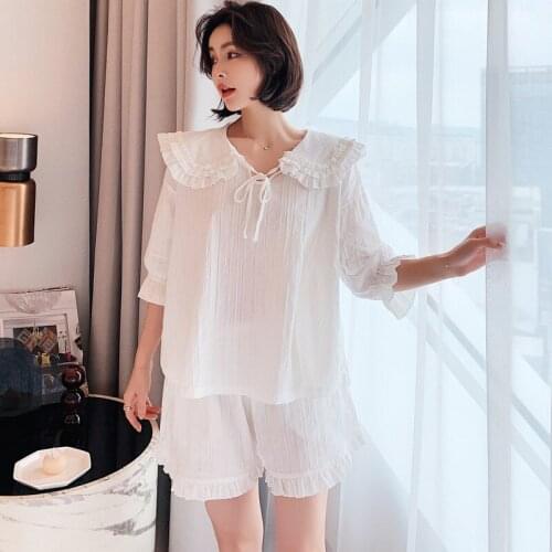 Summer 100%Cotton White Pajamas Set Women Pyjamas Sleepwear Nightwear Princess Pijama Mujer Shorts Homewear