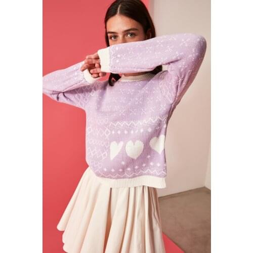 Lilac White Heart Pattern Jacquard Knitwear Sweater