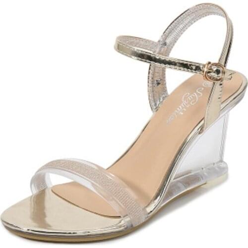 Model stage sandals, womens summer 2020 sexy crystal transparent high heels, 8 cm wedge sandals